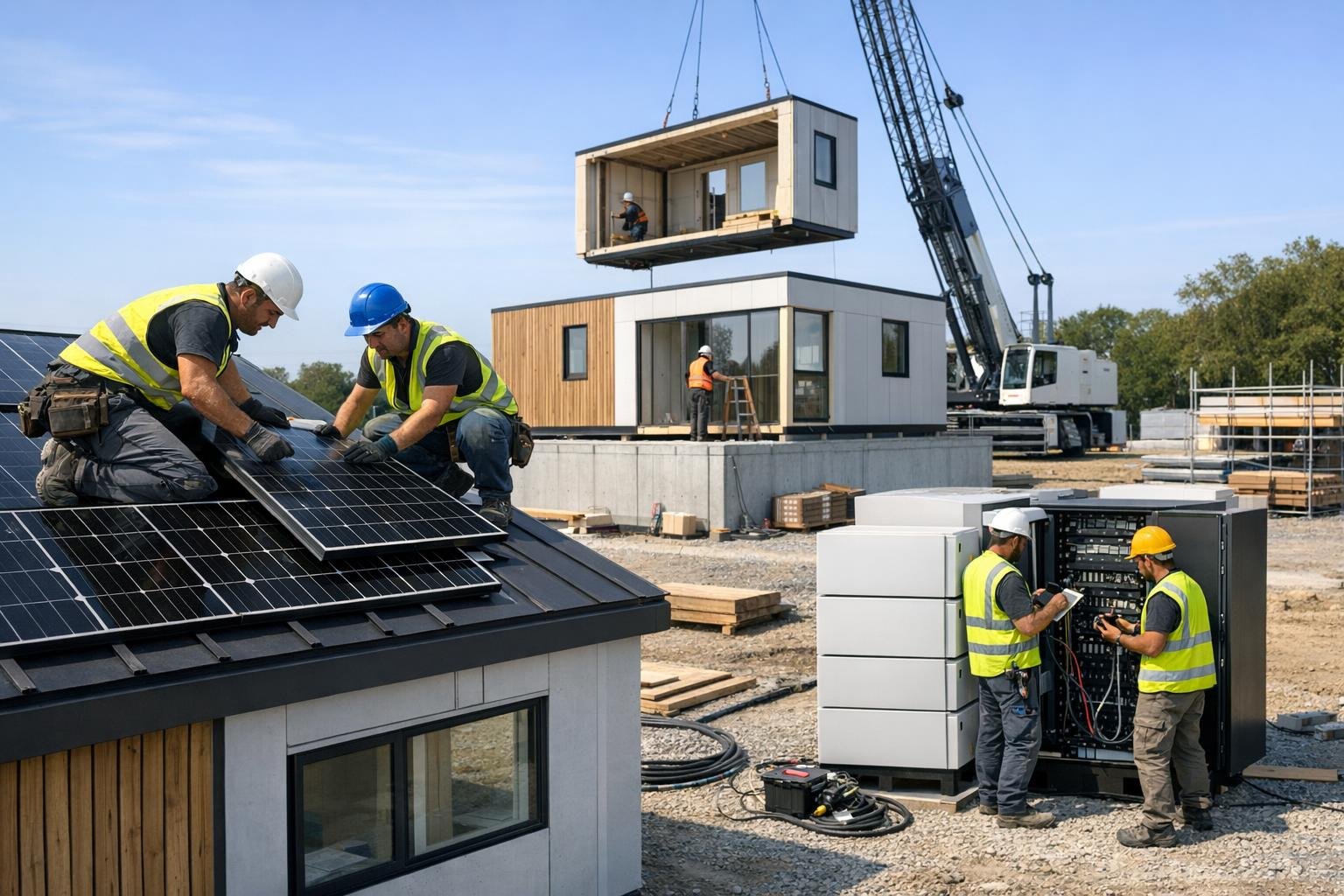 Werknemers installeren zonnepanelen en bouwen een huis met een kraan op een bouwplaats.